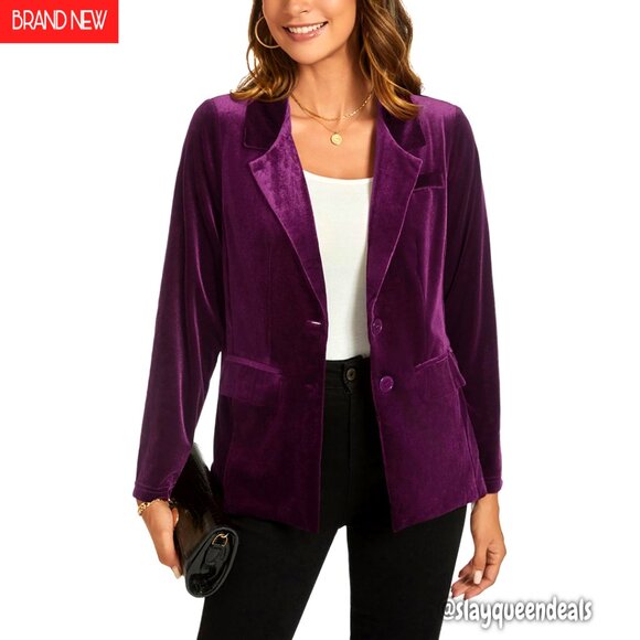 Velvet Blazer Notched Lapel Button Front Long Sleeve Pockets Work Office
